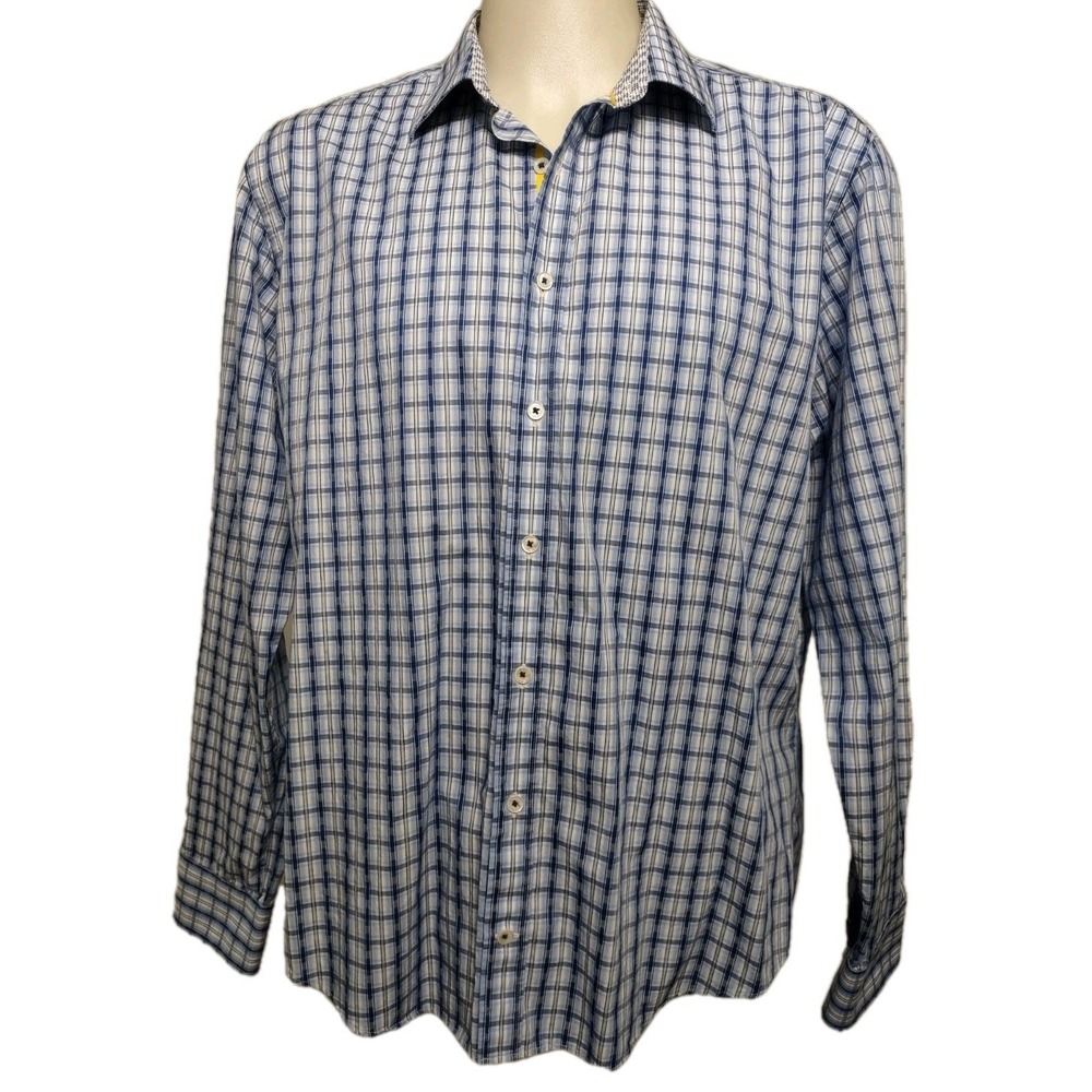 Bugatchi Uomo Button Down Shirt Men Large Blue Plaid Preppy Long Sleeve Business